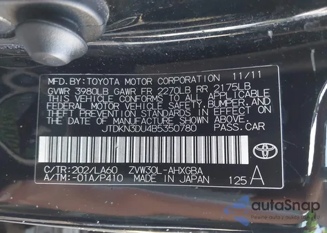 2011 Toyota Prius Four from USA, damaged, VIN JTDKN3DU4B5350780